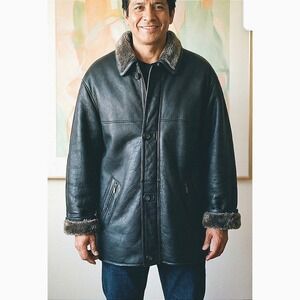 Genuine Man's Italian Vintage Leather Coat Shearling Lined Full Zip Size: 50